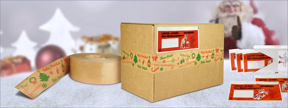 Weihnachtsklebeband und Lieferscheintaschen mit Weihnachtsmotiven für festliche Weihnachtspost  