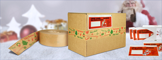 Weihnachtsklebeband und Lieferscheintaschen mit Weihnachtsmotiven für festliche Weihnachtspost 