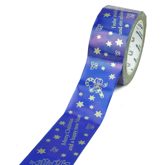 PP-Klebeband blau/silber mit Weihnachtsmotiven & Schriftzug